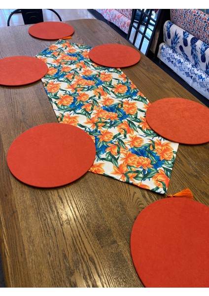 Tuğçe Demir Home Desıgn Turuncu Mavi Çiçek Desen Runner Supla Takım