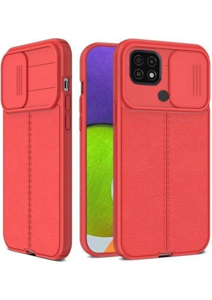 Oppo A15 Kılıf Kamera Sürgülü Deri Dokulu Mat Silikon+Nano Glass Koruyucu Kırmızı