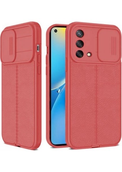 Oppo A74 4g Kılıf Kamera Sürgülü Deri Dokulu Mat Silikon+Nano Glass Koruyucu Kırmızı