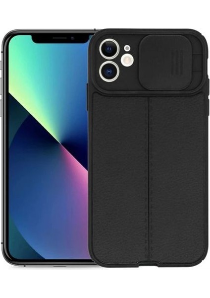 Casestreet Apple iPhone 11 Kılıf Kamera Sürgülü Deri Dokulu Mat Silikon+Nano Glass Koruyucu Siyah