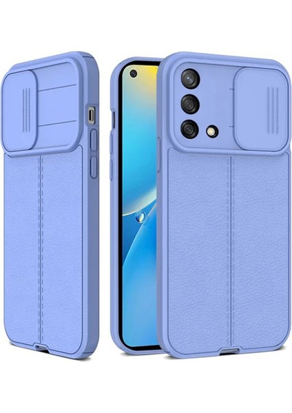 Oppo A74 4g Kılıf Kamera Sürgülü Deri Dokulu Mat Silikon Mor