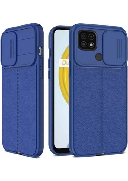 Oppo A15S Kılıf Kamera Sürgülü Deri Dokulu Mat Silikon+Nano Glass Koruyucu Lacivert
