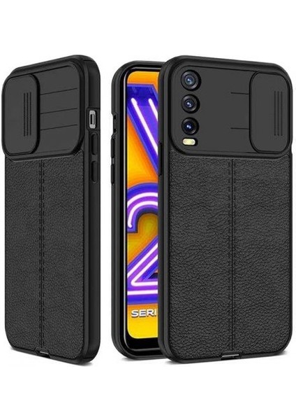 Casestreet Vivo Y20S Kılıf Kamera Sürgülü Deri Dokulu Mat Silikon+Nano Glass Koruyucu Siyah