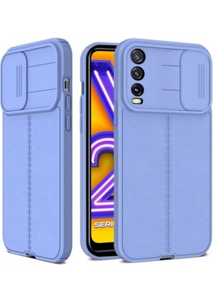 Casestreet Vivo Y20S Kılıf Kamera Sürgülü Deri Dokulu Mat Silikon+Nano Glass Koruyucu Mor