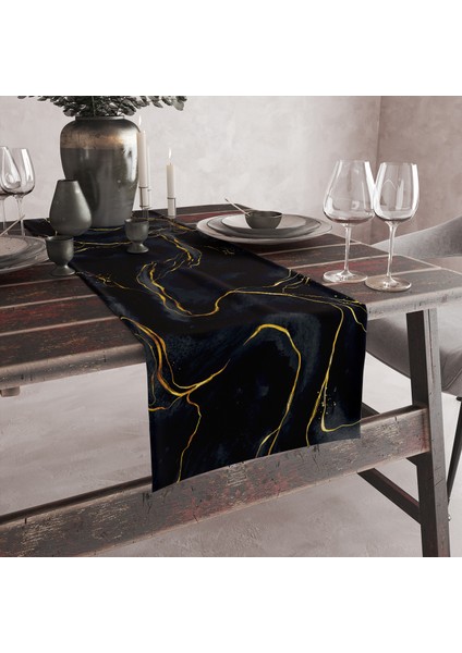 Siyah Gold Mermer Desenli Dijital Baskılı Runner 140X40