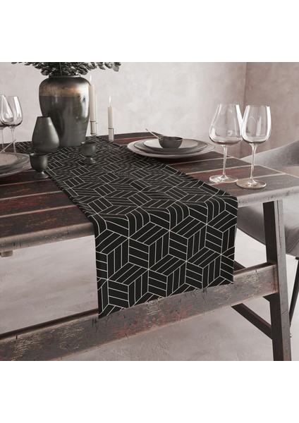 Siyah Beyaz Küp Desenli Dijital Baskılı Runner 140X40