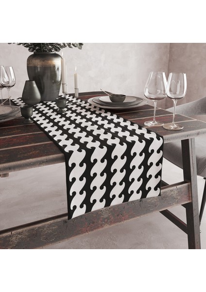 Siyah Beyaz Dalga Desenli Dijital Baskılı Runner 140X40