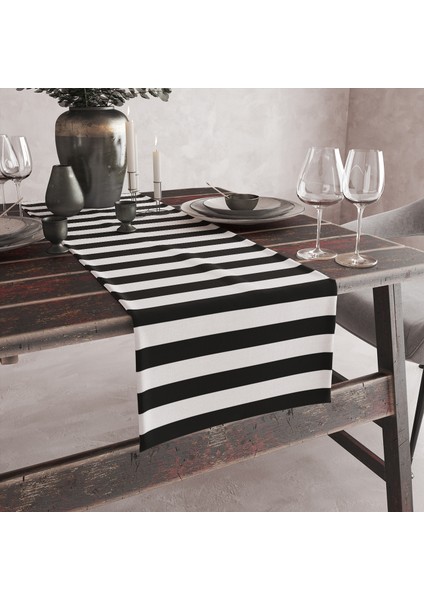 Siyah Beyaz Yan Çizgili Desenli Dijital Baskılı Runner 140X40