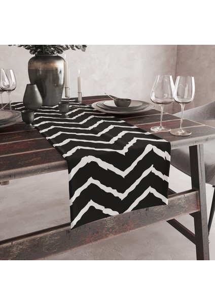Siyah Zigzag Desenli Dijital Baskılı Runner 140X40