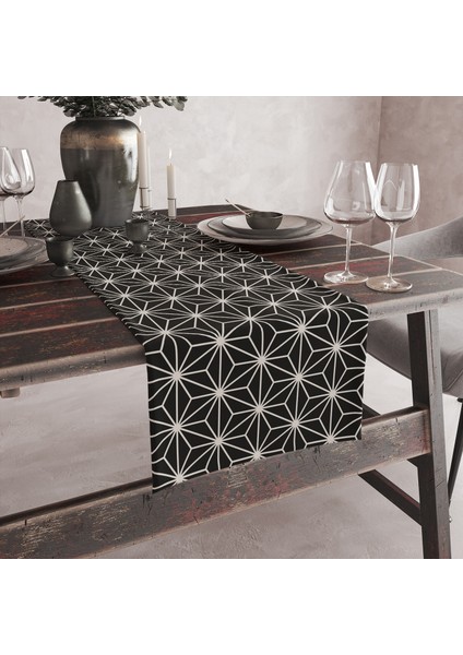 Siyah Beyaz Yıldız Desenli Dijital Baskılı Runner 140X40