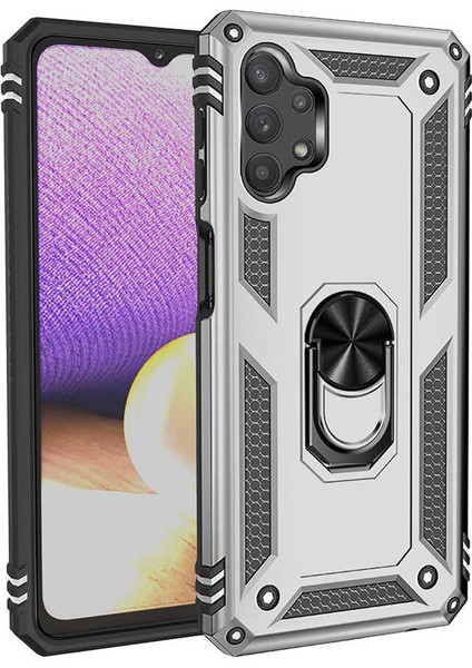 Samsung Galaxy A23 Kılıf Vega Tank Standlı Yüzüklü Mıknatıslı+Nano Glass Gümüş