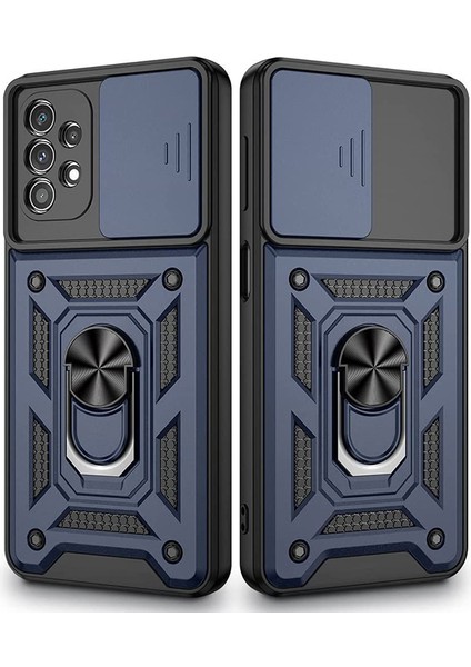 Samsung Galaxy A73 Kılıf Sert Silikon Tank Aramid Sürgülü Vega Yüzüklü Lacivert