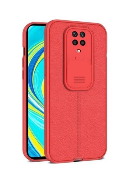 Xiaomi Redmi Note 9 Pro Kılıf Kamera Sürgülü Deri Dokulu Mat Silikon+Nano Glass Koruyucu Kırmızı