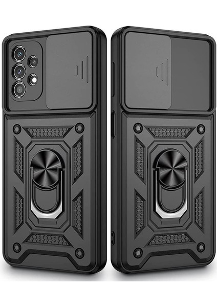 Samsung Galaxy A73 Kılıf Sert Silikon Tank Aramid Sürgülü Vega Yüzüklü Siyah