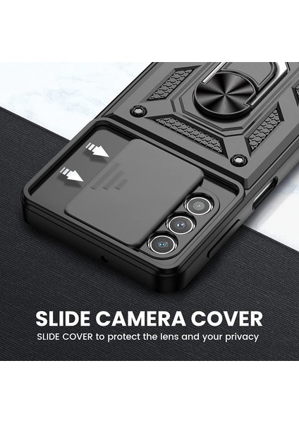 Samsung Galaxy A73 Kılıf Sert Silikon Tank Aramid Sürgülü Vega Yüzüklü Siyah modelleri