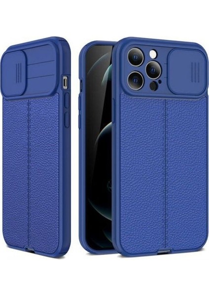Apple iPhone 12 Pro Max Kılıf Kamera Sürgülü Deri Dokulu Mat Silikon+Nano Glass Koruyucu Lacivert