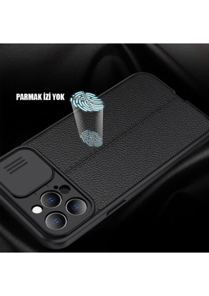 Apple iPhone 12 Pro Max Kılıf Kamera Sürgülü Deri Dokulu Mat Silikon+Nano Glass Koruyucu Lacivert