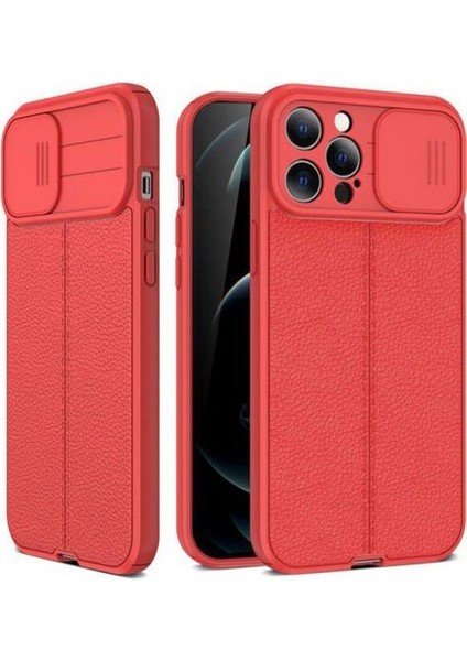 Apple iPhone 13 Pro Max Kılıf Kamera Sürgülü Deri Dokulu Mat Silikon+Nano Glass Koruyucu Kırmızı