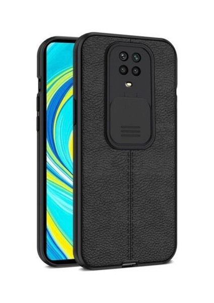 Xiaomi Redmi Note 9s Kılıf Kamera Sürgülü Deri Dokulu Mat Silikon+Nano Glass Koruyucu Siyah