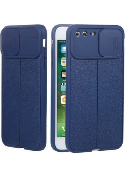 Apple iPhone 8 Plus Kılıf Kamera Sürgülü Deri Dokulu Mat Silikon+Nano Glass Koruyucu Lacivert