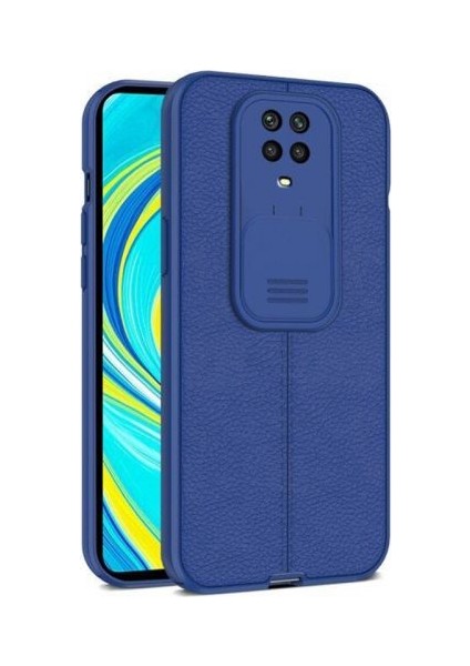 Xiaomi Redmi Note 9 Pro Kılıf Kamera Sürgülü Deri Dokulu Mat Silikon+Nano Glass Koruyucu Lacivert