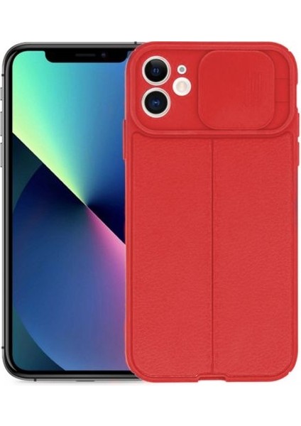 Apple iPhone 11 Kılıf Kamera Sürgülü Deri Dokulu Mat Silikon+Nano Glass Koruyucu Kırmızı