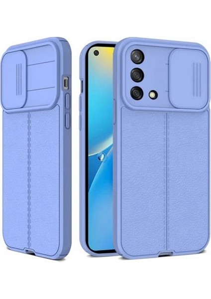Oppo A74 4g Kılıf Kamera Sürgülü Deri Dokulu Mat Silikon+Nano Glass Koruyucu Mor