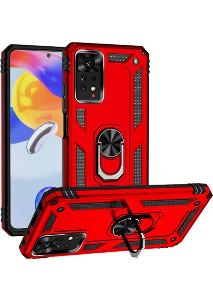 Xiaomi Redmi Note 11S Global Kılıf Vega Sert Silikon Tank Standlı Yüzüklü Mıknatıslı Kırmızı