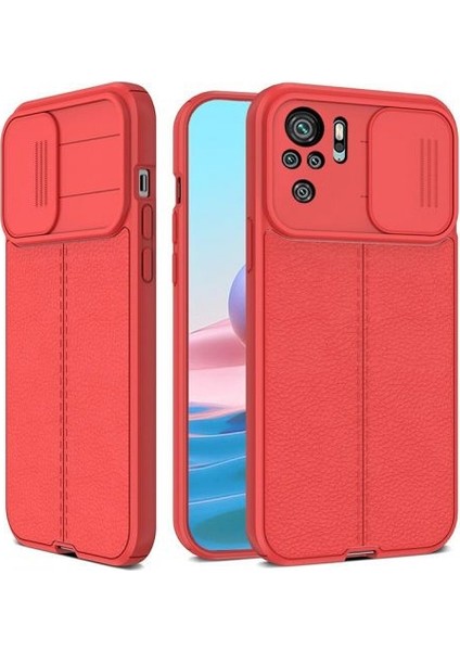 Xiaomi Redmi Note 10 Kılıf Kamera Sürgülü Deri Dokulu Mat Silikon+Nano Glass Koruyucu Kırmızı