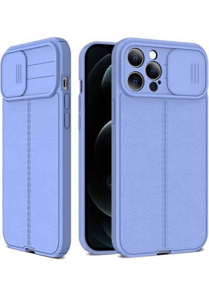 Apple iPhone 12 Pro Max Kılıf Kamera Sürgülü Deri Dokulu Mat Silikon+Nano Glass Koruyucu Mor