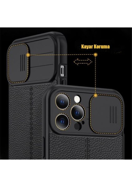 Apple iPhone 12 Pro Max Kılıf Kamera Sürgülü Deri Dokulu Mat Silikon+Nano Glass Koruyucu Mor