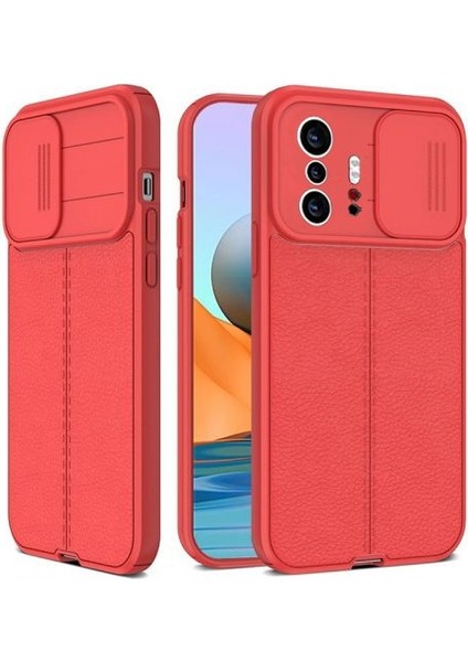 Xiaomi Mi 11T Kılıf Kamera Sürgülü Deri Dokulu Mat Silikon+Nano Glass Koruyucu Kırmızı