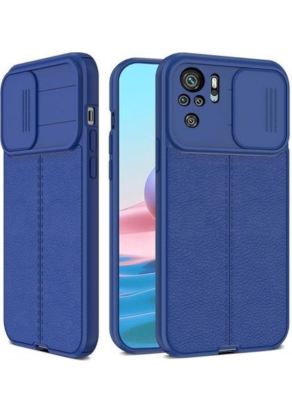 Xiaomi Redmi Note 10S Kılıf Kamera Sürgülü Deri Dokulu Mat Silikon+Nano Glass Koruyucu Lacivert