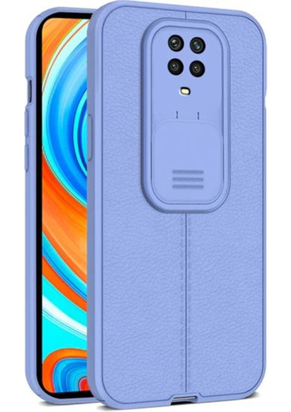 Xiaomi Redmi Note 9 Pro Kılıf Kamera Sürgülü Deri Dokulu Mat Silikon Mor