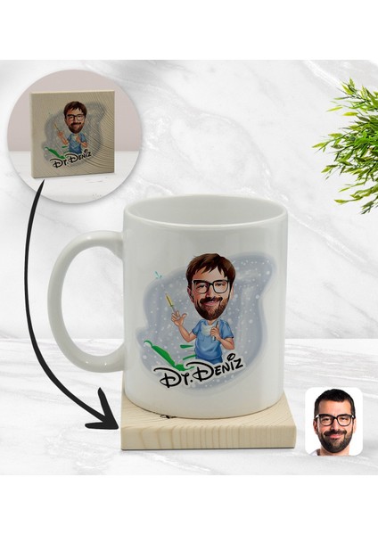 Kişiye Özel Erkek Diş Hekimi Karikatürlü Beyaz Kupa Bardak ve Ahşap Bardak Altlığı Hediye Seti - Model 4