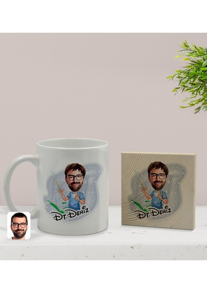 Kişiye Özel Erkek Diş Hekimi Karikatürlü Beyaz Kupa Bardak ve Ahşap Bardak Altlığı Hediye Seti - Model 4 fiyatları
