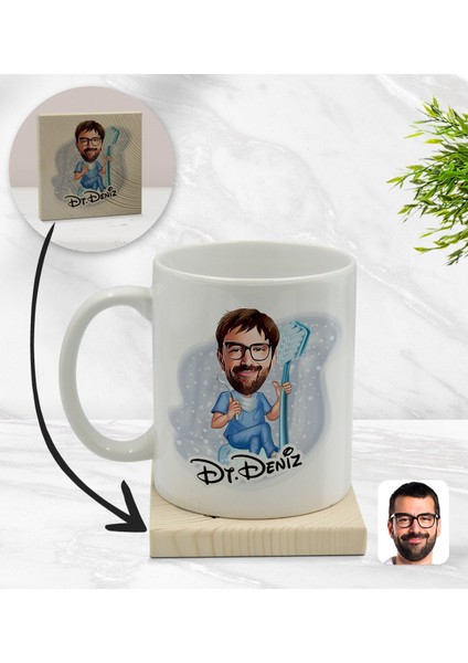 Kişiye Özel Erkek Diş Hekimi Karikatürlü Beyaz Kupa Bardak ve Ahşap Bardak Altlığı Hediye Seti - Model 2