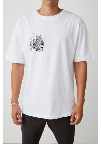 Ünisex Kuru Kafa Baskılı Beyaz Oversize Tshirt