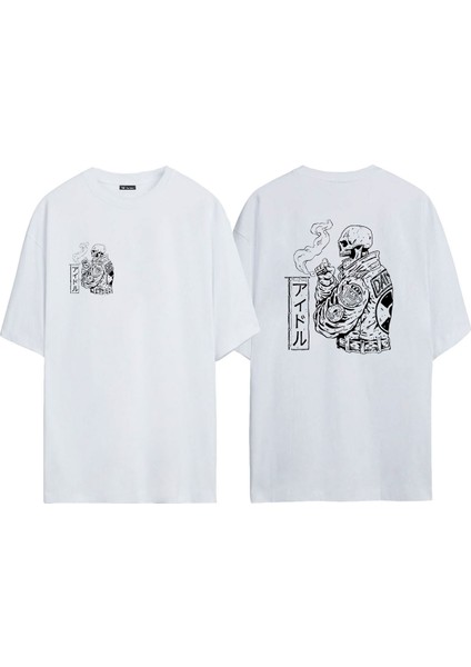Ünisex Kuru Kafa Baskılı Beyaz Oversize Tshirt