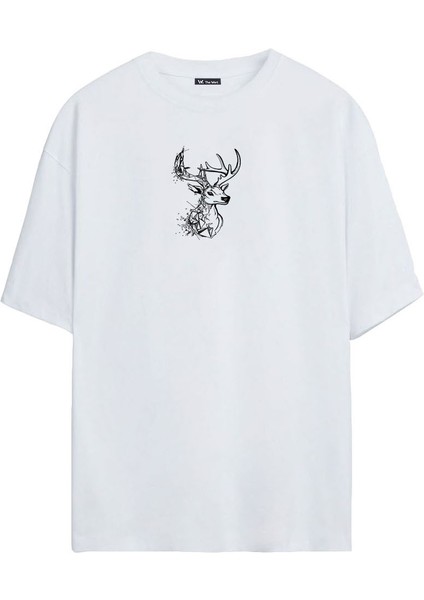 Ünisex Geyik Baskılı Beyaz Oversize Tshirt