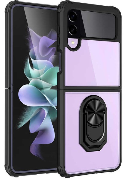 Samsung Galaxy Z Flip 3 Tam Korumalı Yüzüklü Renkli Kenarlı Manyetik Mola Kılıf Ekran Koruyucu