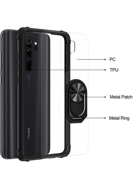 Xiaomi Redmi Note 8 Pro Tam Korumalı Yüzüklü Renkli Kenarlı Manyetik Mola Kılıf Ekran Koruyucu