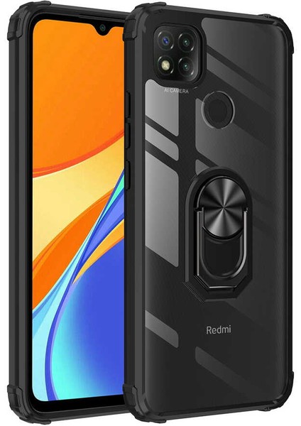 Xiaomi Redmi 9c Tam Korumalı Yüzüklü Renkli Kenarlı Manyetik Mola Kılıf Kırılmaz Ekran Koruyucu