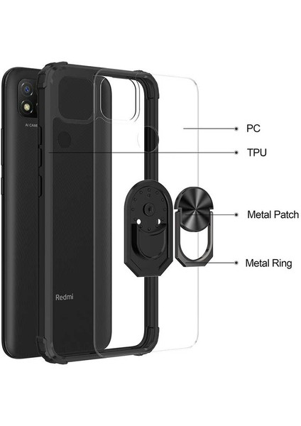 Xiaomi Redmi 9c Tam Korumalı Yüzüklü Renkli Kenarlı Manyetik Mola Kılıf Kırılmaz Ekran Koruyucu