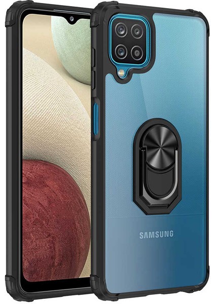 Samsung Galaxy A12 Tam Korumalı Yüzüklü Renkli Kenarlı Manyetik Mola Kılıf Ekran Koruyucu