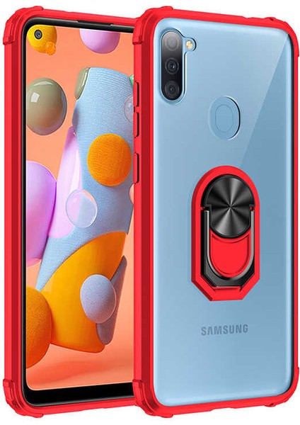 Samsung Galaxy M11 Tam Korumalı Yüzüklü Renkli Kenarlı Manyetik Mola Kılıf Ekran Koruyucu