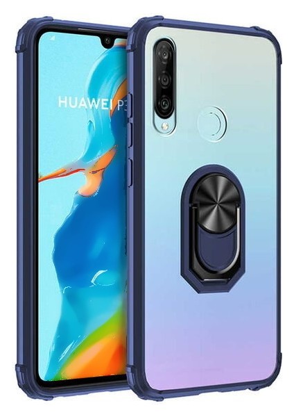 Huawei P30 Lite Tam Korumalı Yüzüklü Renkli Kenarlı Manyetik Mola Kılıf Ekran Koruyucu