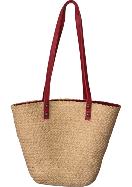 Kadın Kırmızı Askılı El Yapımı Hasır Omuz Çantası