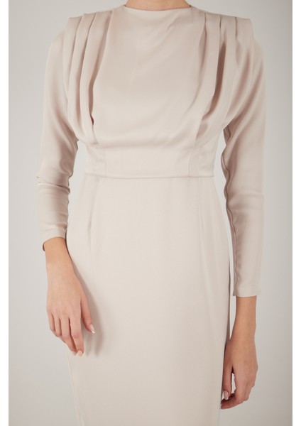 Bej Üzeri Pilise Detaylı Saten Tesettür Abiye Elbise 6502300.55 indirimleri