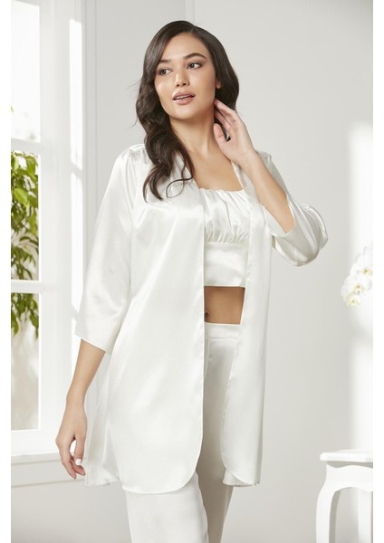 Kadife Saten 3'lü Pijama Takım - 2075 Ekru